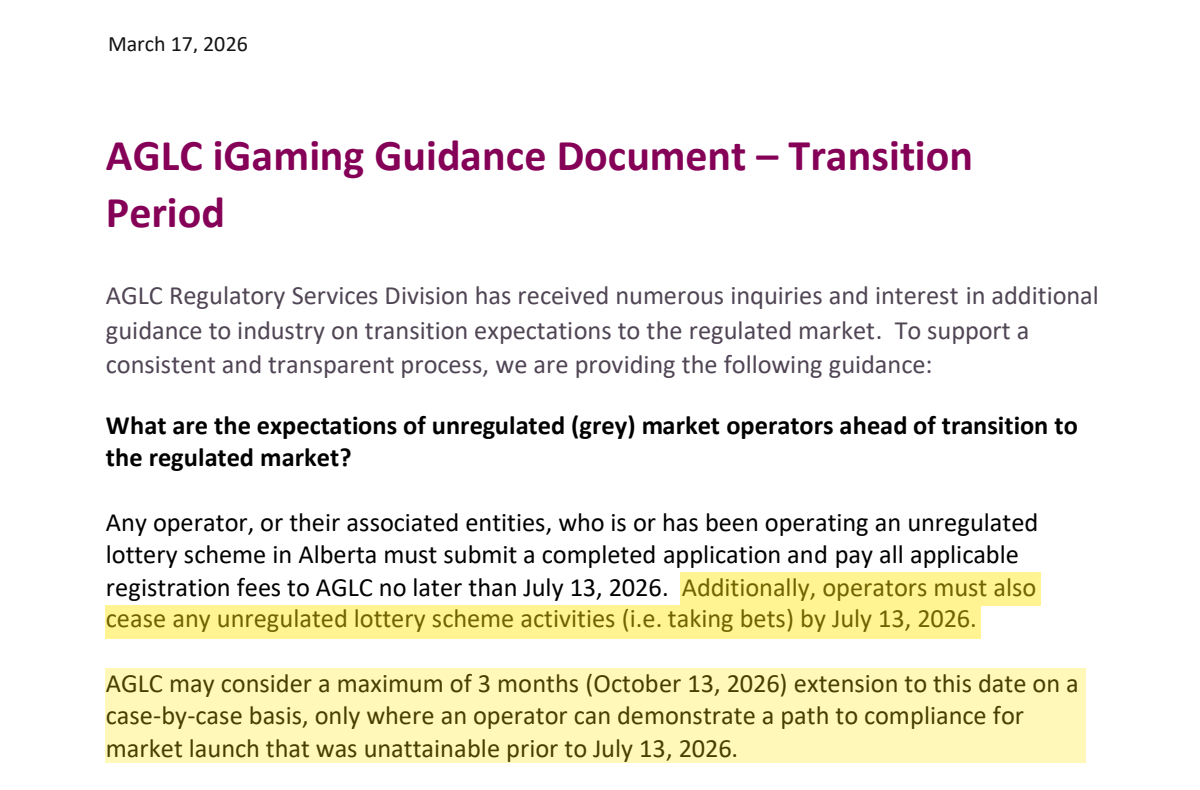 AGLC transition guidance page with the July and October 2026 deadlines highlighted