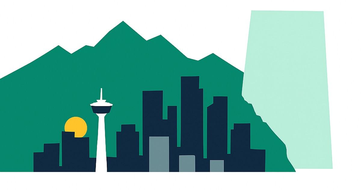 Flat illustration of the Rockies, the Calgary Tower and the Alberta outline