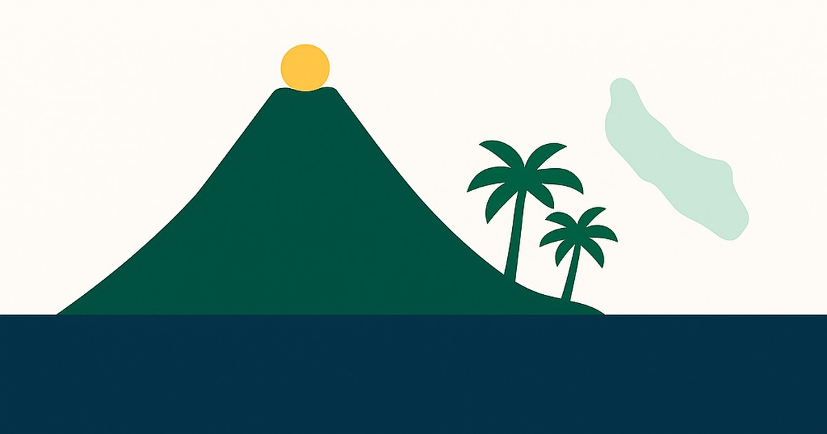 Flat illustration of a volcanic island peak and palms with the Anjouan outline
