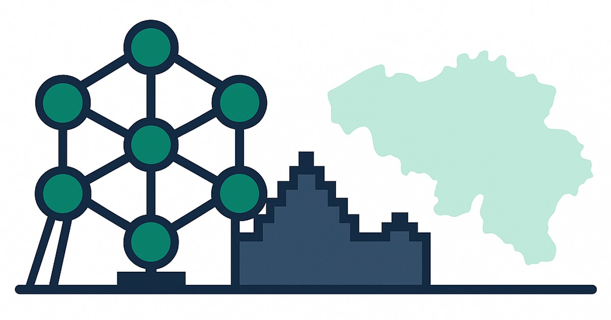 Flat illustration of the Atomium beside Flemish gables with the Belgium outline