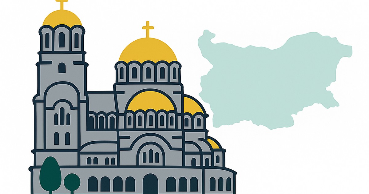 Flat illustration of Sofia's Alexander Nevsky Cathedral domes with the Bulgaria outline