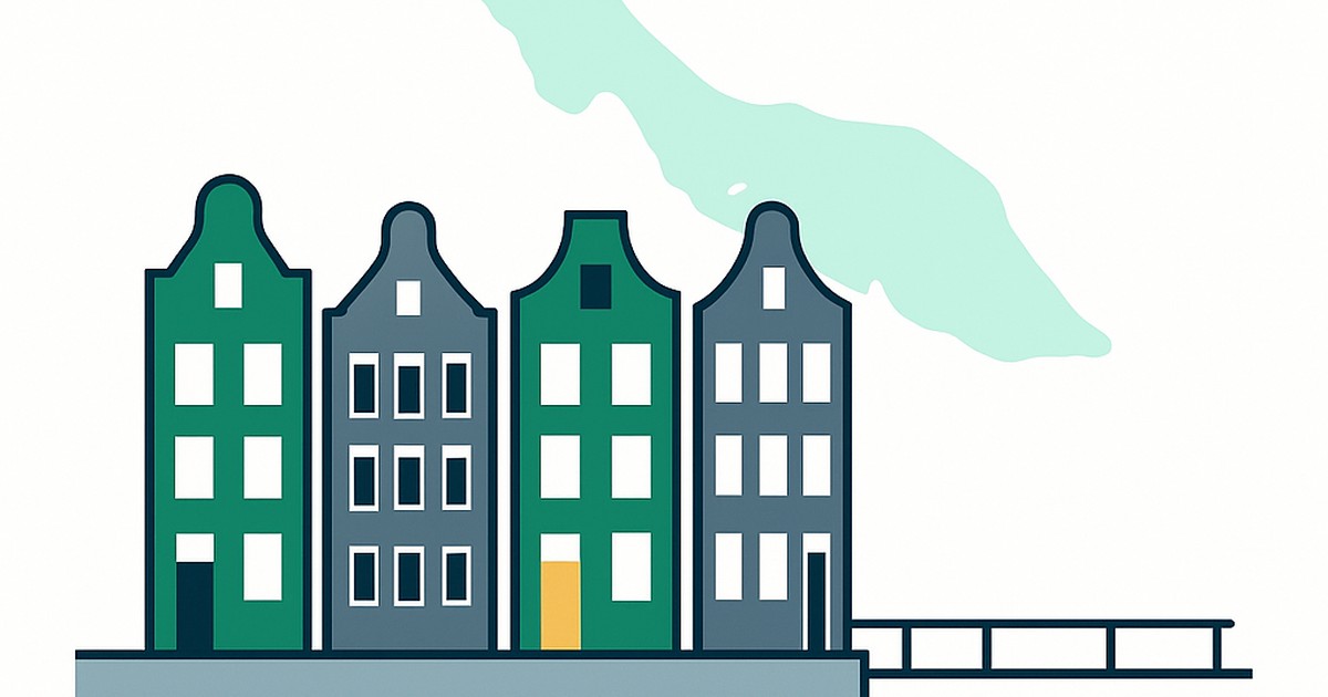 Flat illustration of Dutch colonial waterfront houses with the Curacao island outline