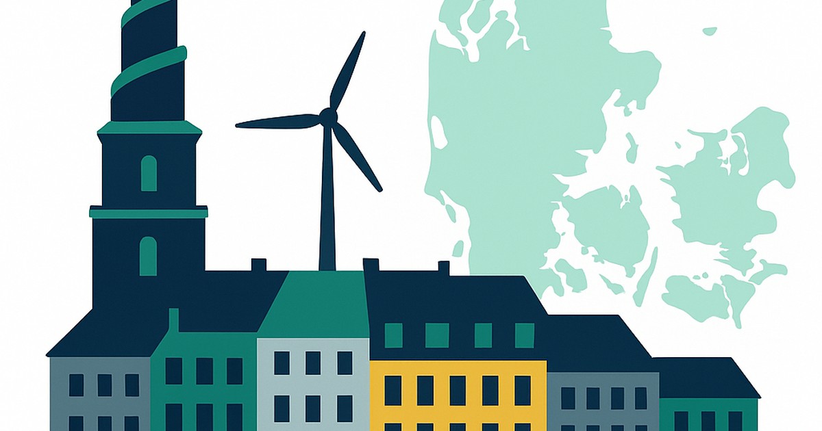 Flat illustration of Copenhagen spires and Nyhavn houses with the Denmark outline