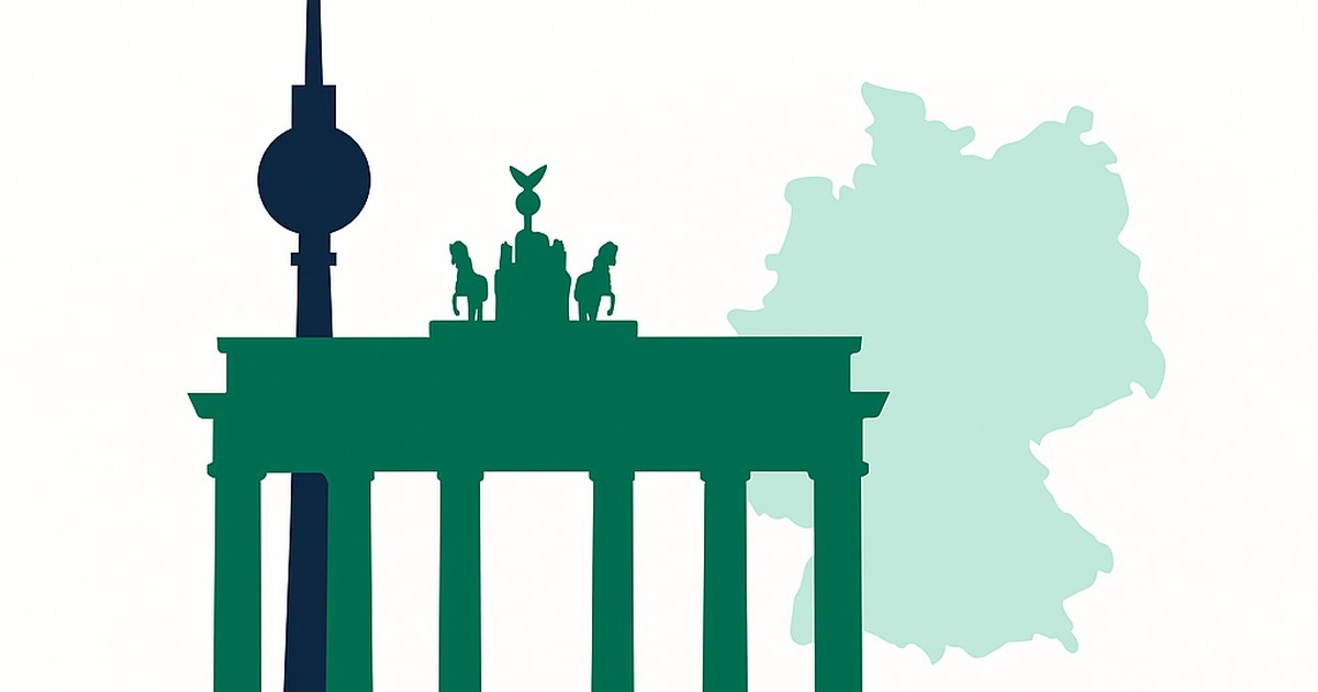 Flat illustration of the Brandenburg Gate and Berlin TV tower with the Germany outline