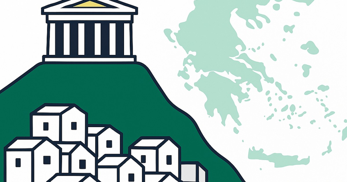 Flat illustration of the Parthenon above white cube houses with the Greece outline