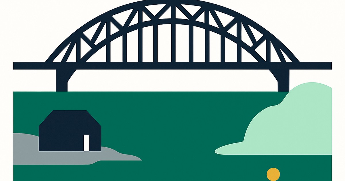Flat illustration of the Mercier Bridge over the St Lawrence with a longhouse silhouette