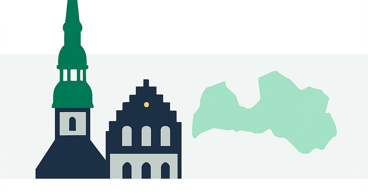 Flat illustration of Riga's St Peter's spire and Blackheads House with the Latvia outline