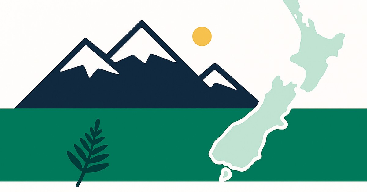 Flat illustration of snowy mountains above a lake and a fern with the New Zealand outline
