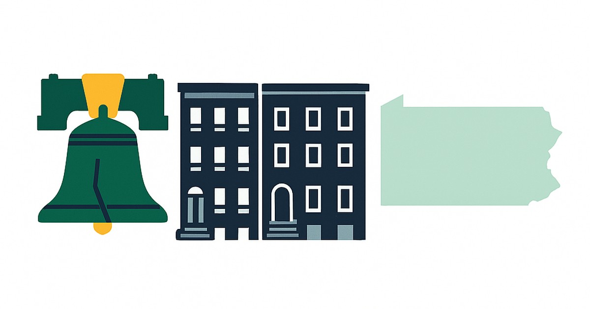Flat illustration of the Liberty Bell and brick townhouses with the Pennsylvania outline