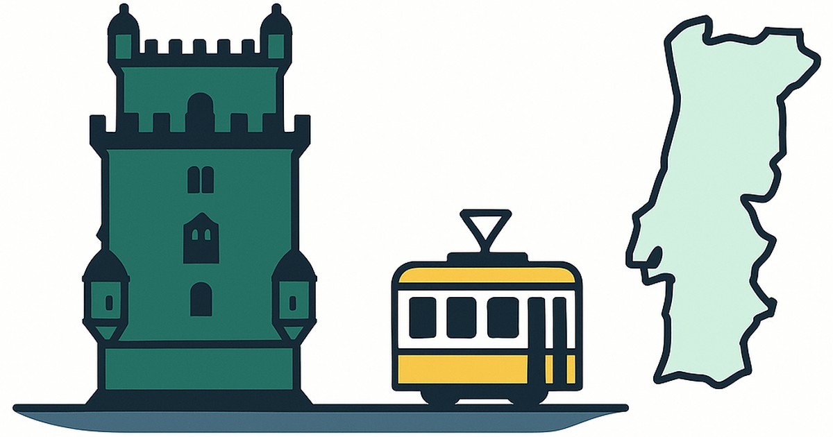 Flat illustration of the Belem Tower and a Lisbon tram with the Portugal outline