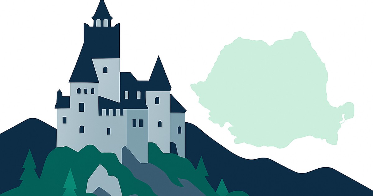 Flat illustration of Bran Castle and the Carpathians with the Romania outline