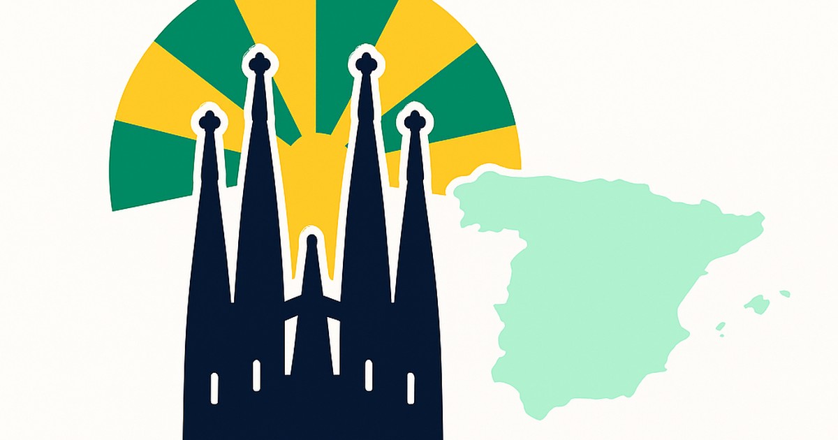 Flat illustration of the Sagrada Familia spires with the Spain outline